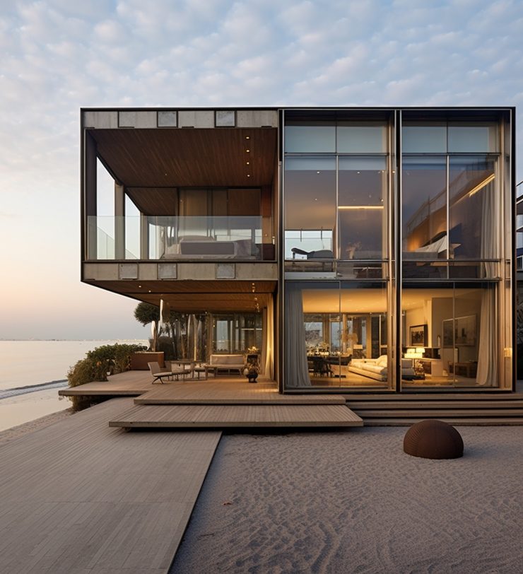 arafed view of a modern house with a glass wall and a deck. gene
